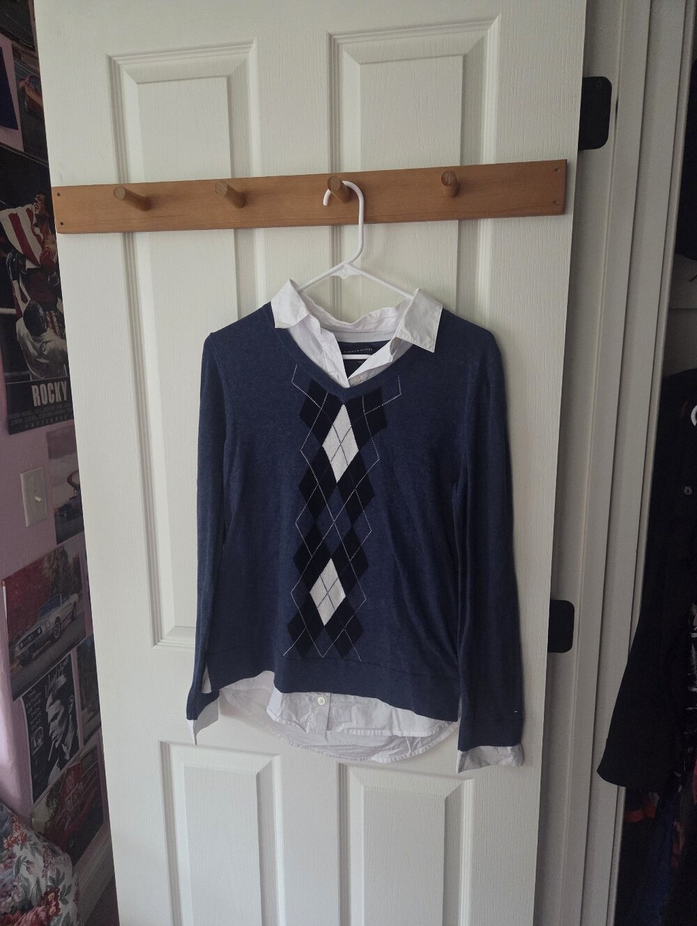 Tommy Hilfiger Navy Argyle V-Neck Faux Layered Sweater